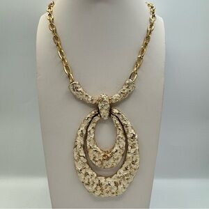 Textured Gold Tone Statement Necklace Abstract Double Oval Pendant